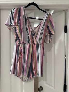 Striped V-Neck Summer Romper - Pink Multicolor
